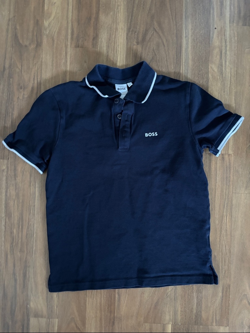 BOSS Navy Polo with White Short Sleeve Trim in Youth Boys Size 12